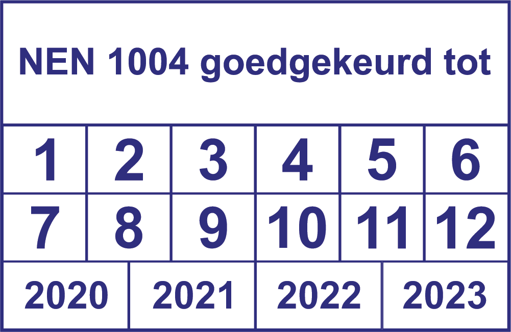 Vierkante keuringssticker "NEN 1004 goedgekeurd tot"